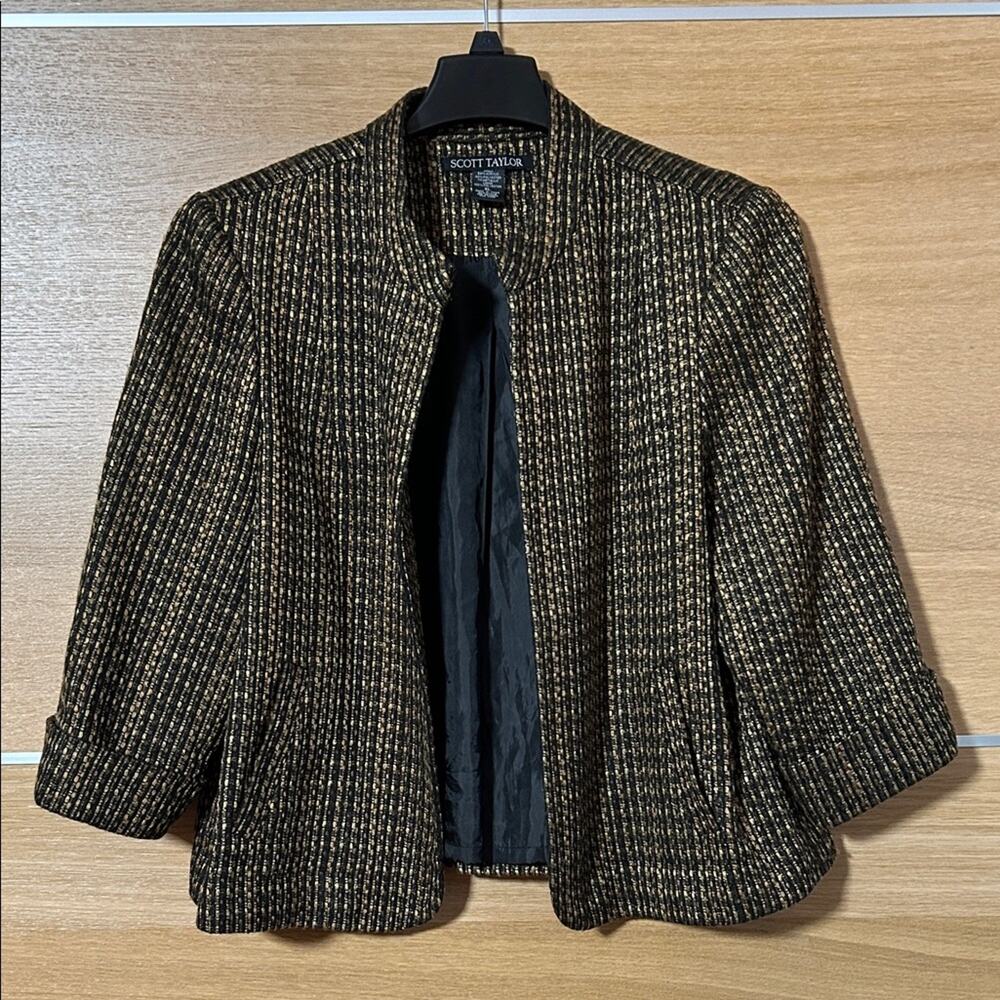 Scott Taylor women’s Sz XL Black & Gold Tweed Blazer lined 3/4 cuffed sleeve